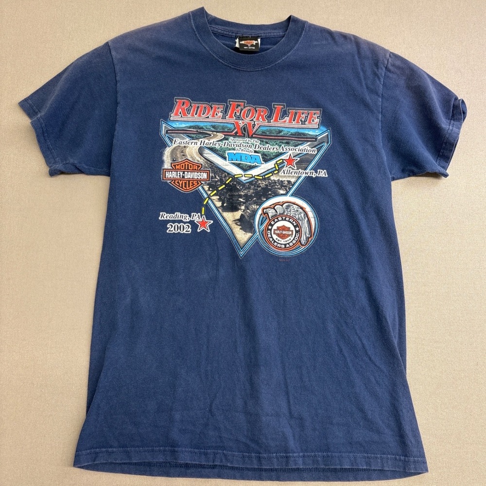 Vintage 2002 Harley Davidson Ride For Life XV T-Shirt Navy Blue Holoubek Mens M